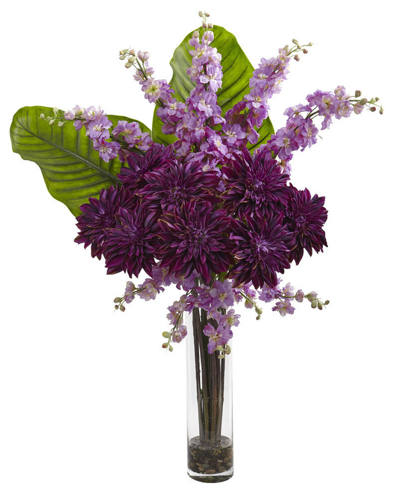 Dahlia, Delphinium, and Travelers Palm Arrangement