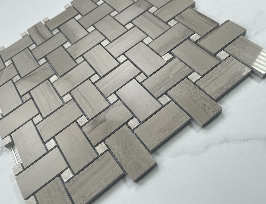 Basketweave Athens Grey Wooden Marble Mosaic Tile Haisa Dark Polished, 1 sheet