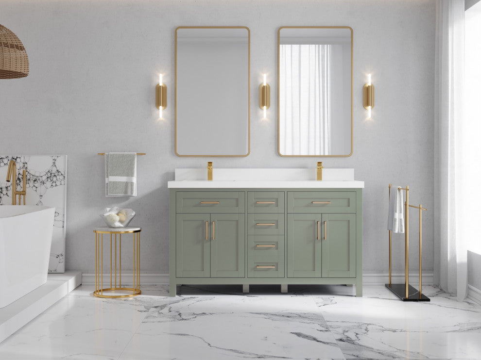 Cambridge 60" Double Bathroom Vanity in Evergreen 2" White Quartz