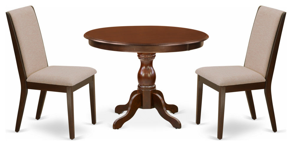 3 Pc Dining Set, Mahogany Breakfast Table, 2 Light Tan and Chairs, High Back