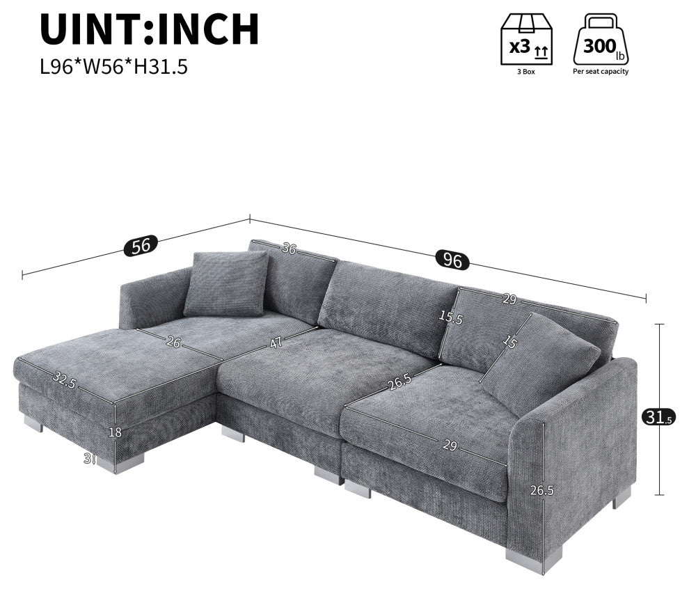 Alice Modern L-Shaped Cloud Chenille Sectional Chaise Sofa With 2 Pillows, Gray