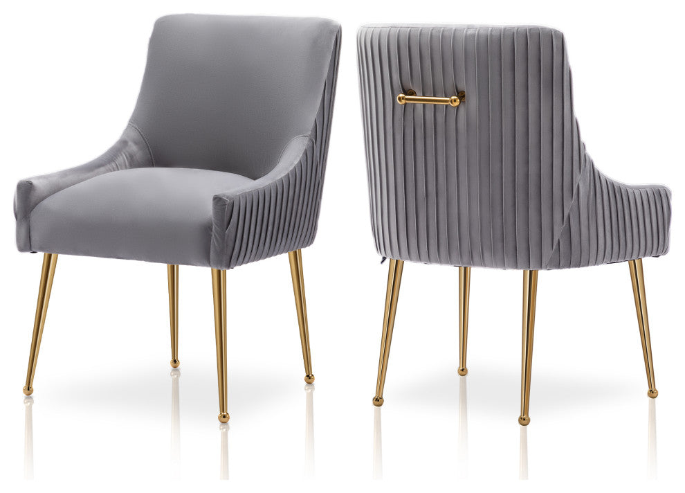 Glam Pleated Velvet Dining Chair Set of 2, Tufted Side Accent Kitchen Chair, Gray