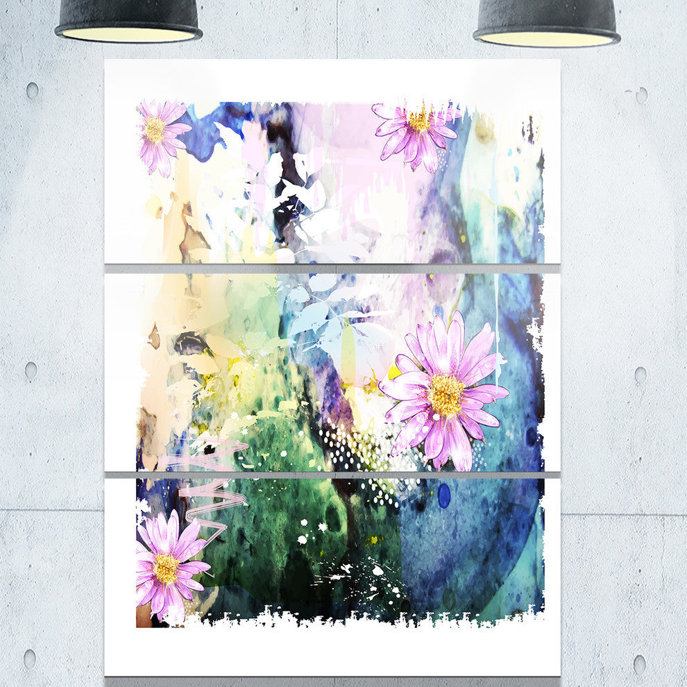 "Abstract Blue Pink Floral Art" Glossy Metal Wall Art, 3 Panels, 28"x36"