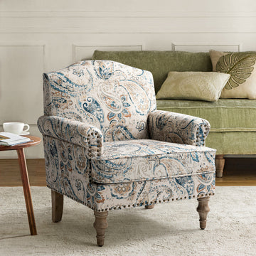 Lamber Wooden Upholstered Armchair With Camelback, Paisley