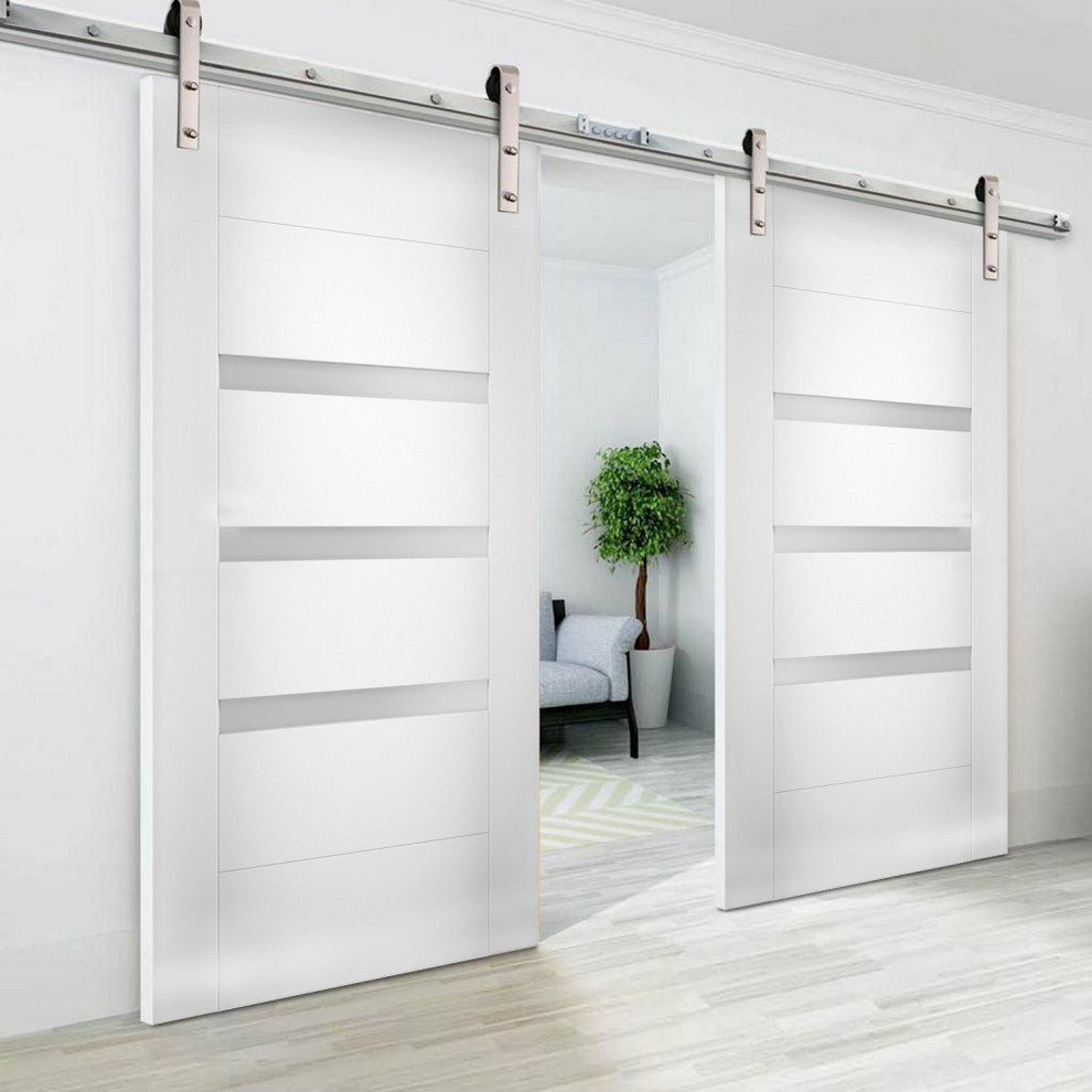 Double Barn Doors Opaque Glass / Sete 6900 White Silk / Silver 13FT Rail, 60" X 84" ( 2* 30x84)