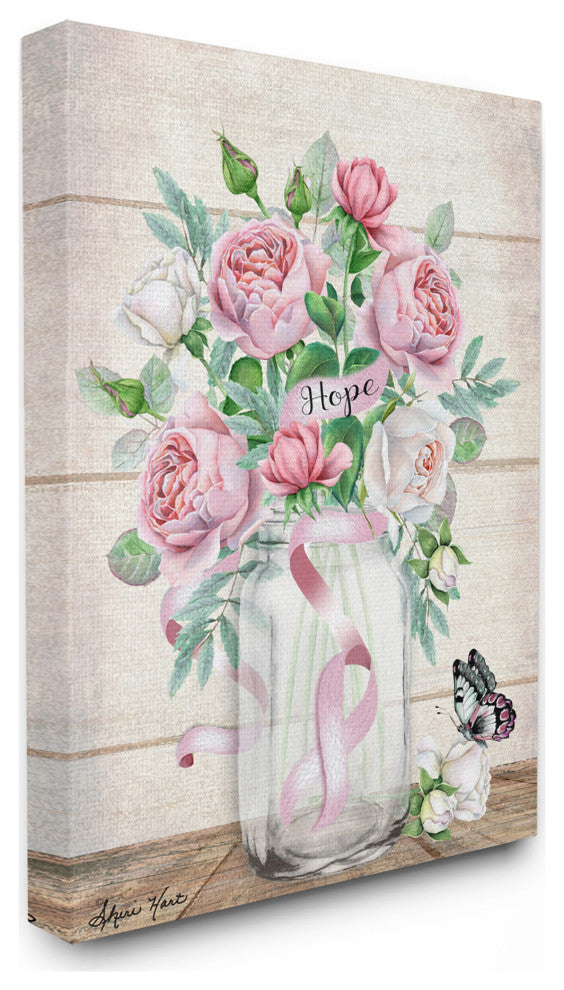 Hope Flower Jar Butterfly Pink Painting, 24"x30", Canvas Art