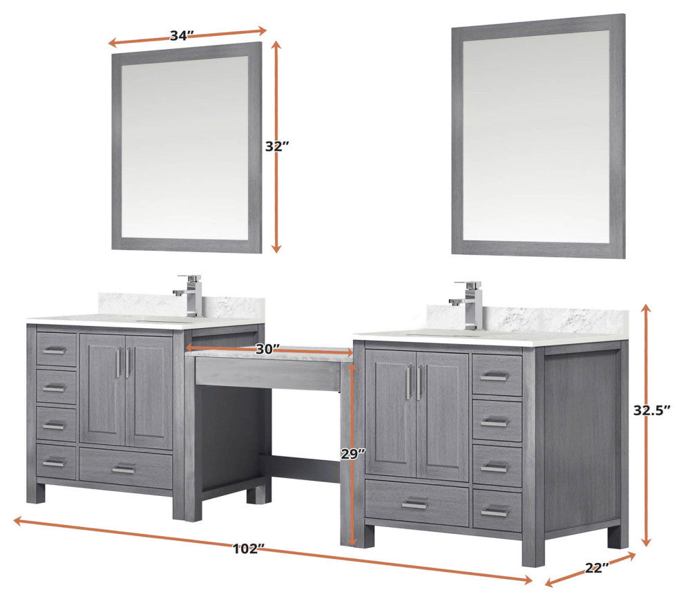 Lexora Coraline Double Vanity Distressed Gray 102 With Top, Faucet & Mirror
