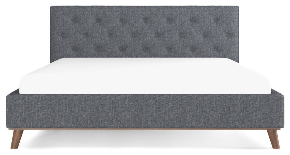 Ashton Mid-Century Modern Solid Wood Tufted Dark Grey Fabric Platform Bed, Queen