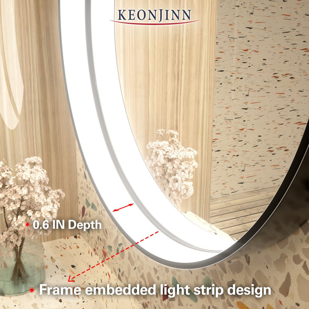 Metal Framed Round LED Vanity Mirror Anti-Fog Wall Mount Makeup Mirror, 28"