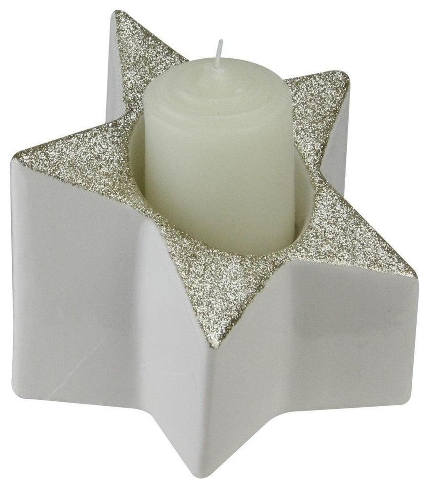 4" Glittered and White Star Pillar Candle Holder Decoration
