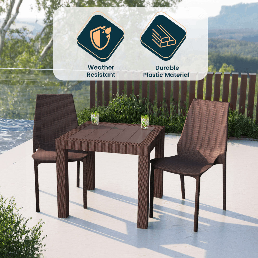 LeisureMod Kent Weave Design 3-Piece Outdoor Patio Dining Set, Brown