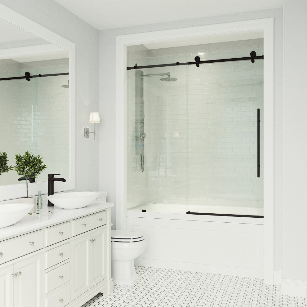 VIGO Elan E-Class 56" to 60" W x 66" H Frameless Sliding Tub Door, Matte Black, Clear Glass