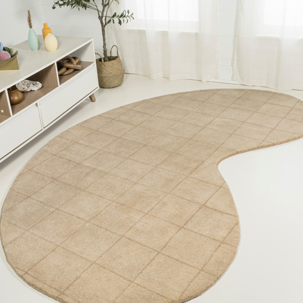 Bean Modern Plaid Grid Handwoven Wool  Rug, Beige/Light Brown, 8 Ft. X 10 Ft.