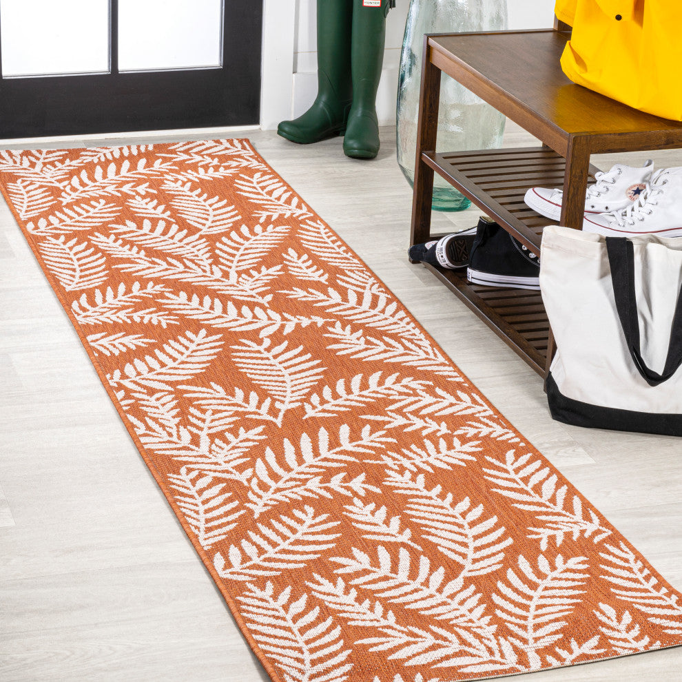 Nevis Palm Frond Indoor/Outdoor, Orange/Cream, 2x10
