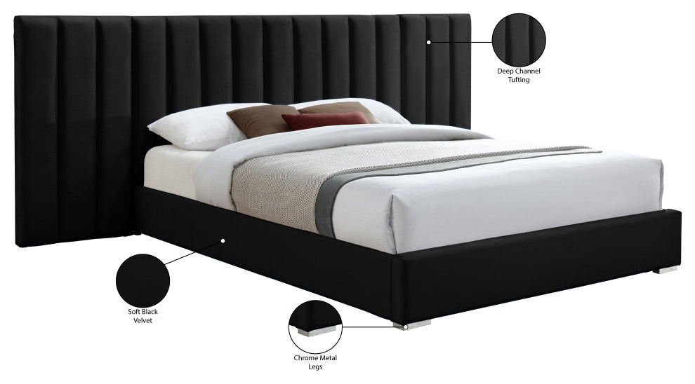 Pablo Velvet Upholstered Bed, Black, Queen