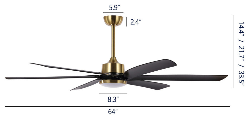 64" Reversible DC Motor Dimmable Ceiling Fan with Remote Control and Light Kit, Black/Gold