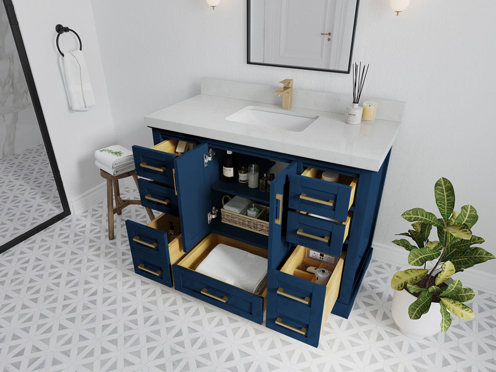 Boston 48 Single Sink Bath Vanity in Navy Blue 2" Carrara Marble