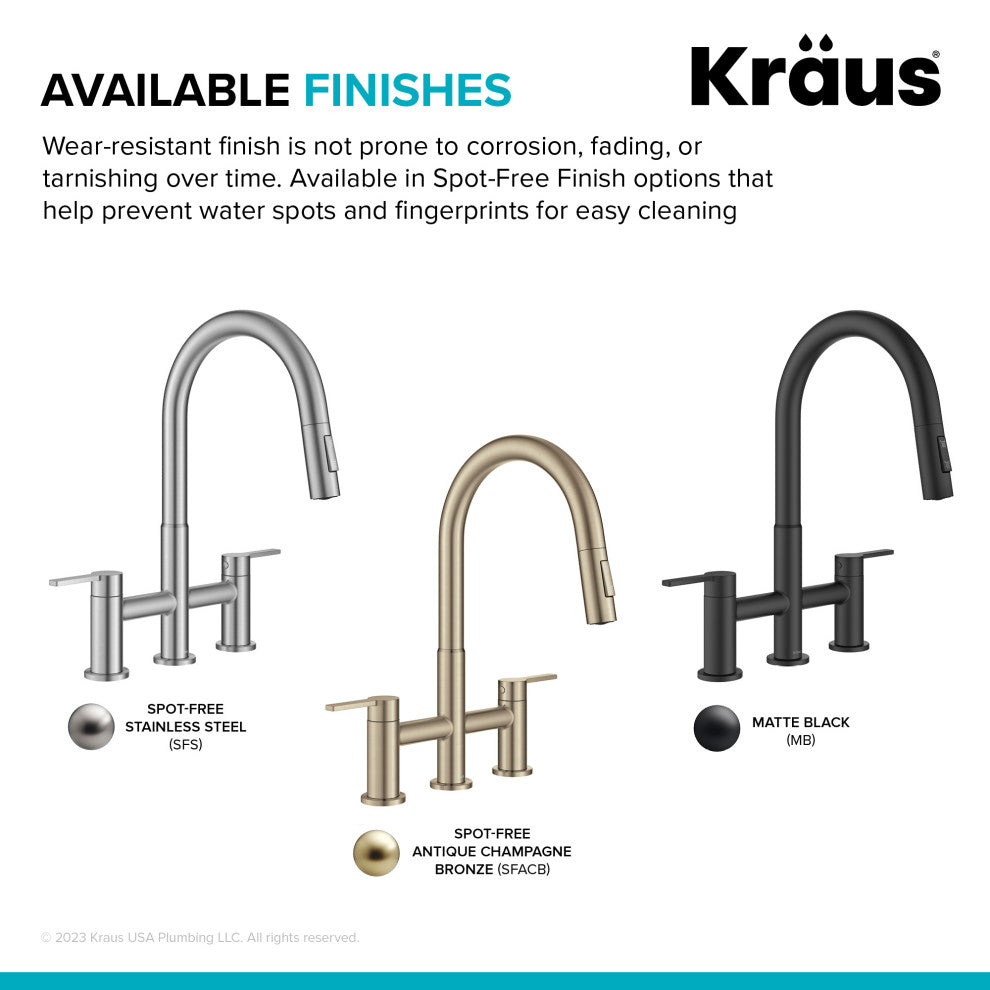 KRAUS Oletto 2-Function Pulldown 3-Hole Bridge Kitchen Faucet, Spot Free SS