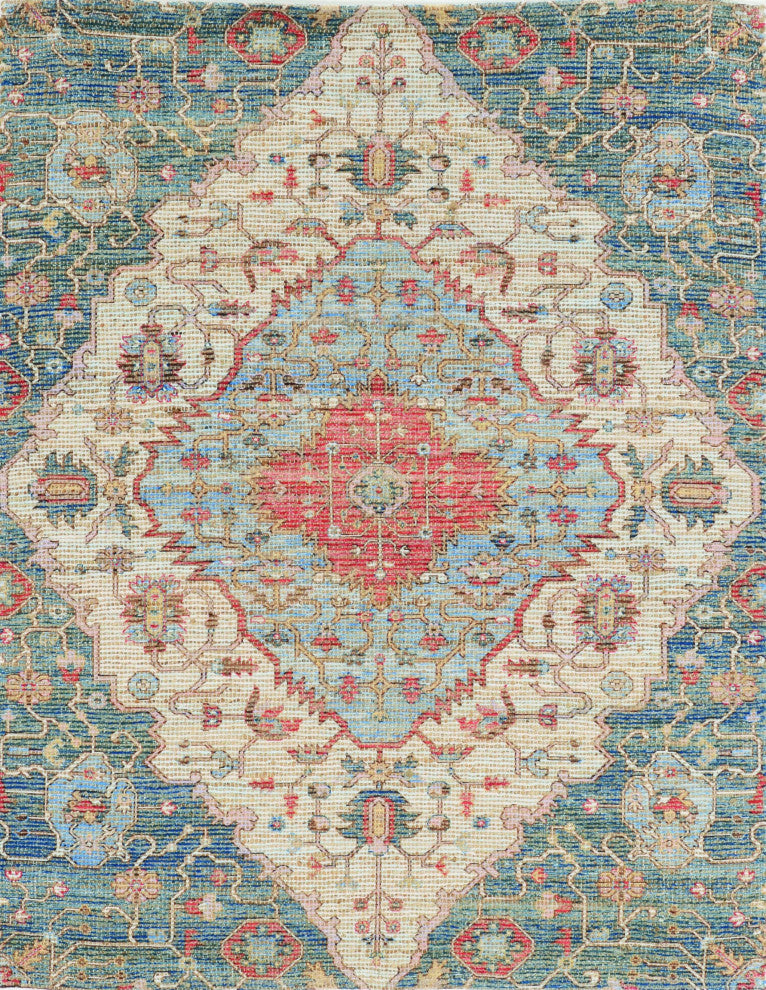 HomeRoots 7'x12' Blue Red Hand Woven Traditional Medallion Indoor Area Rug