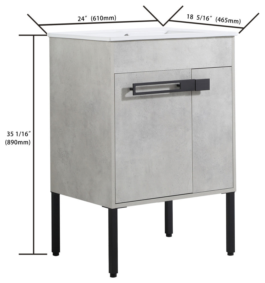 Freestanding/Floating Bathroom Vanity With white Ceramics Top, Grey, 24"