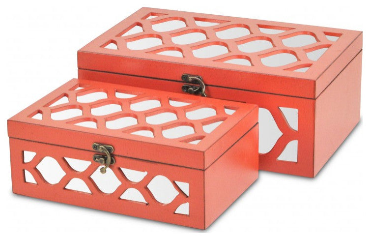 Set of Coral Quatrefoil Mirror Jewelry Storage Boxes