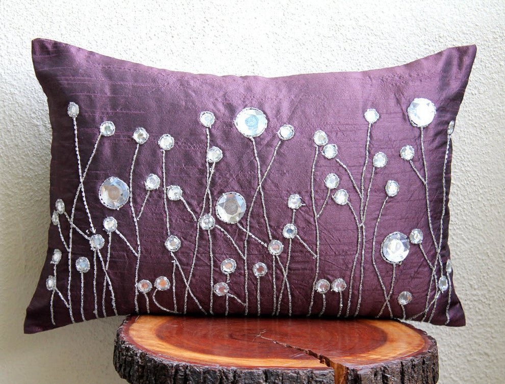 Purple Rectangular Pillow Covers 12"x24" Silk, Plum Bling