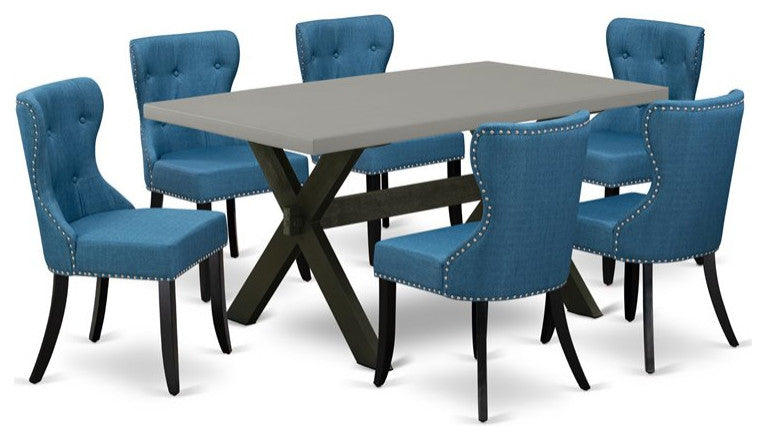 X696Si121-7, 7-Piece Set, 6 Chairs, Table and Wooden Cross Legs-and Black