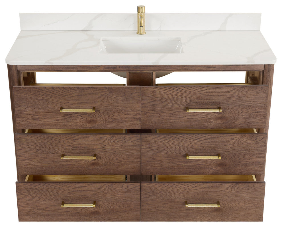 Porto Bath Vanity with White Quartz Stone Top, Dark Brown Oak, 55 in., No Mirror