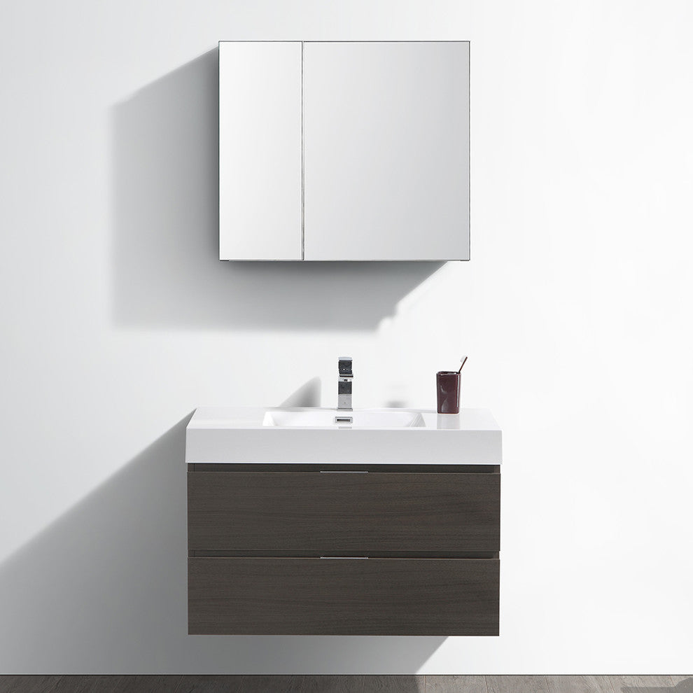 Valencia 36" Gray Oak Wall Hung Bathroom Vanity Set, Cabinet, Faucet, FFT1030BN