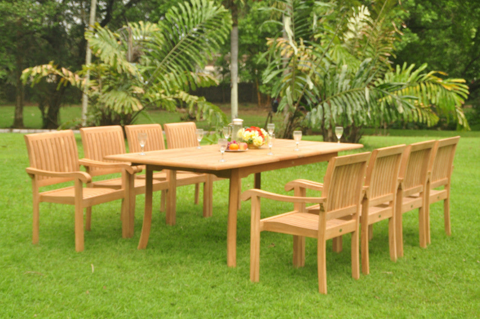 9-Piece Outdoor Teak Dining Set, 94" Rectangle Table, 8 Nain Stacking Chairs