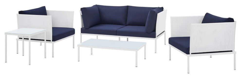Sectional Sofa Chair Table Set, Sunbrella, Aluminum, White Blue Navy, Outdoor