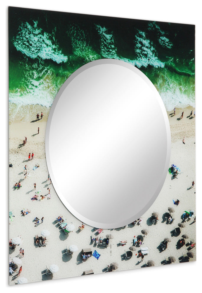 "Beach" Square Beveled Wall Mirror on Floating Printed Tempered Art Glass