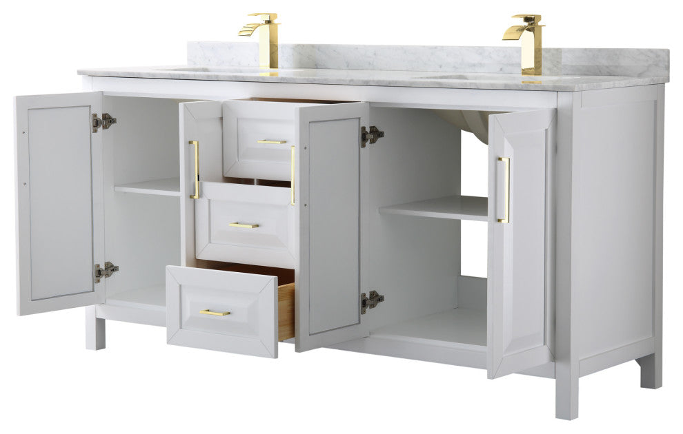 72" Double Bath Vanity, White, White Carrara Countertop, Sinks, Gold Trim