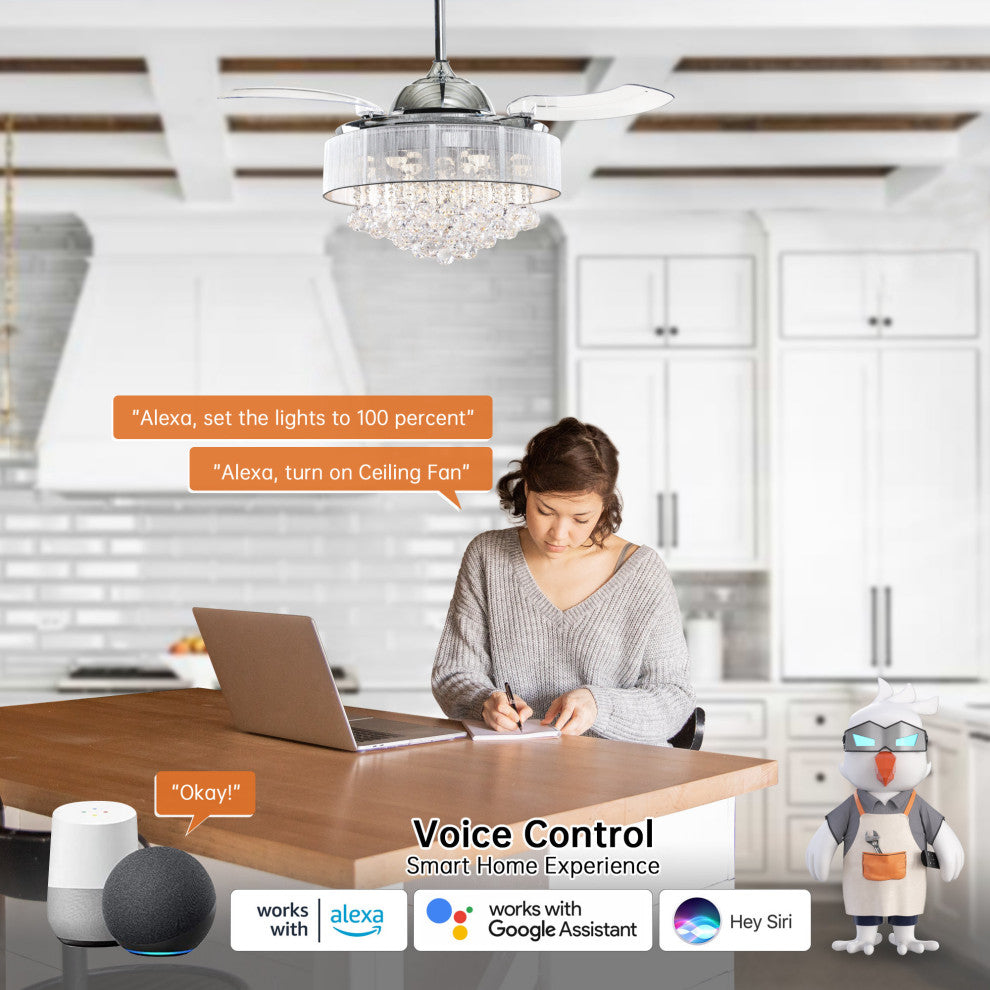42 in LED Indoor Chrome Smart Crystal Ceiling Fan with Light and Remote