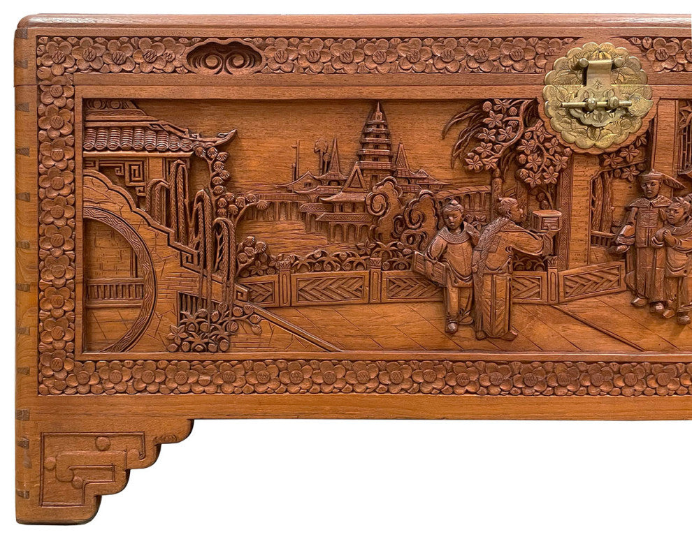 Consigned Early 20th Century Chinese Carved Camphor Wooden Trunk, Hope Chest
