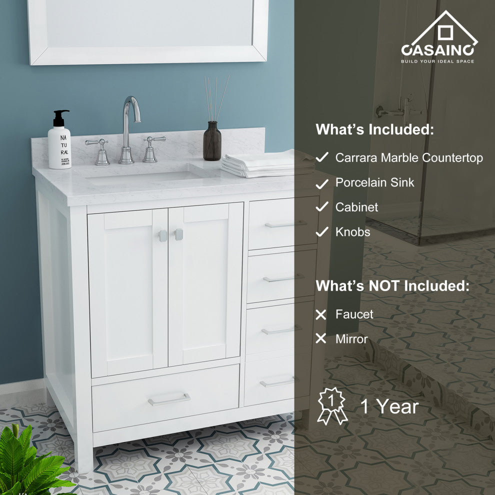 CASAINC 36" Single Sink Freestanding Marble Top Bathroom Vanity, White