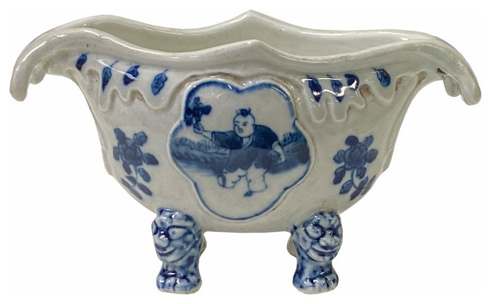 Chinese Oriental Blue Off White Porcelain Graphic Container Planter Hws1792