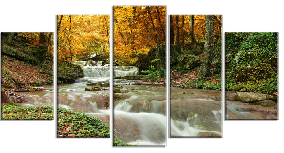 Forest Waterfall with Yellow Trees, Landscape Canvas Print, 60"x32", 5 Panels