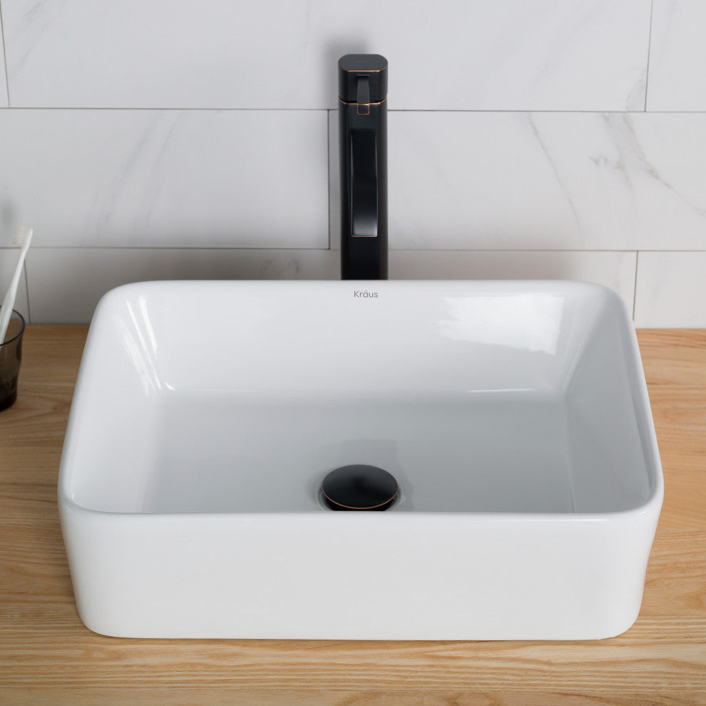 Elavo Square Ceramic Vessel Sink, Bathroom Ramus Faucet, PU Drain, Oil Rubbed Bronze