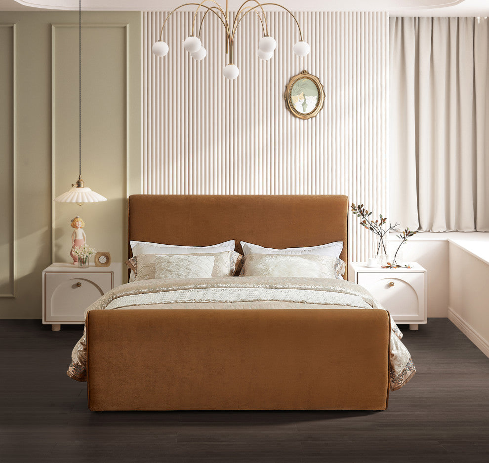 Sloan Black Velvet Full Bed, Saddle, Queen