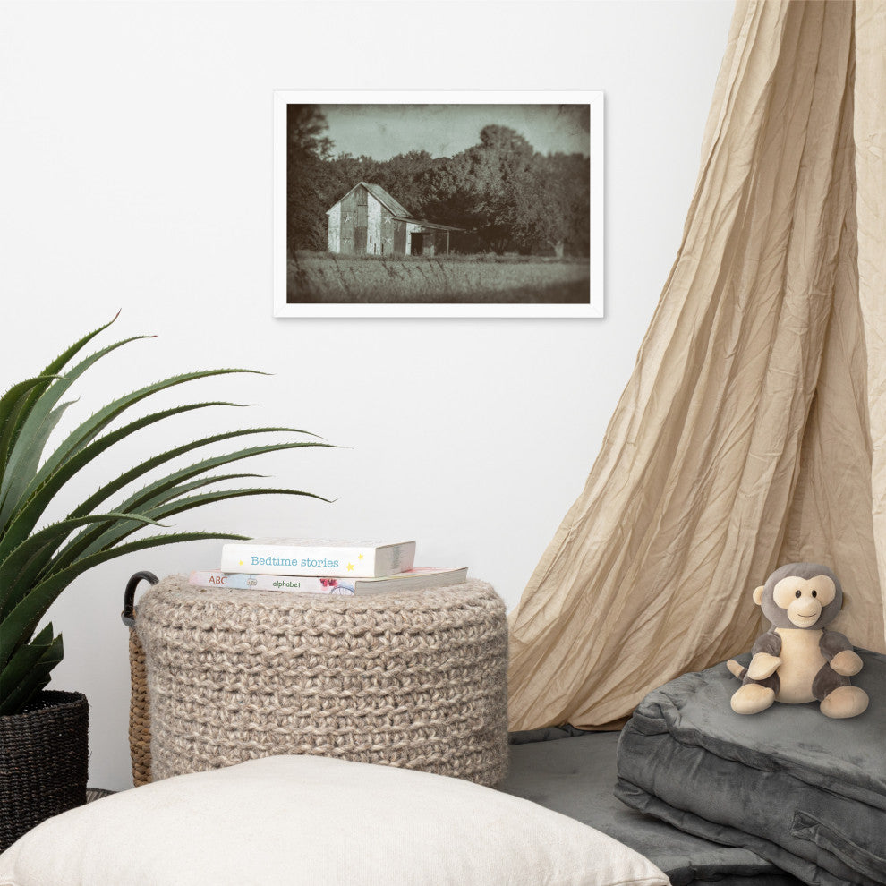 Patriotic Barn in Field Vintage Black and White Framed Photo Wall Art Print, White, 12" X 18"