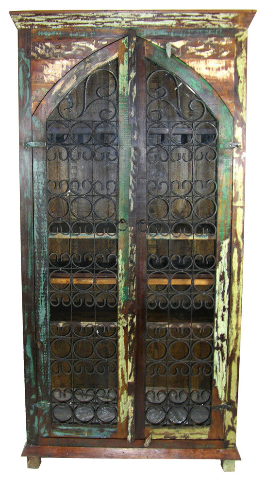Moti Trinidad Solid Reclaimed Wood Tall Wine Cabinet, Multi-Color