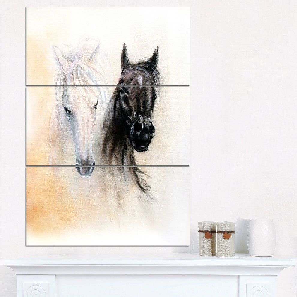 "Black and White Horse Heads" Glossy Metal Wall Art, 3 Panels, 28"x36"