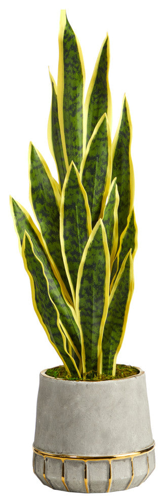 34" Sansevieria Artificial Plant, Stoneware Planter With Gold Trimming