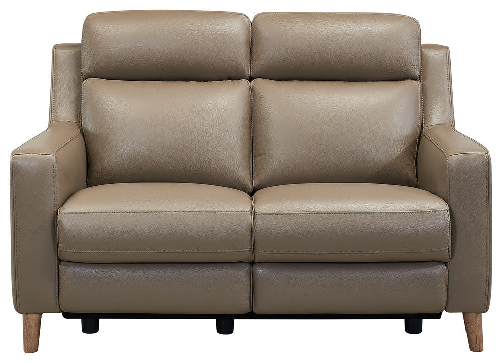 Wisteria Loveseat In Light Brown Wood Finish And Taupe Genuine Leather