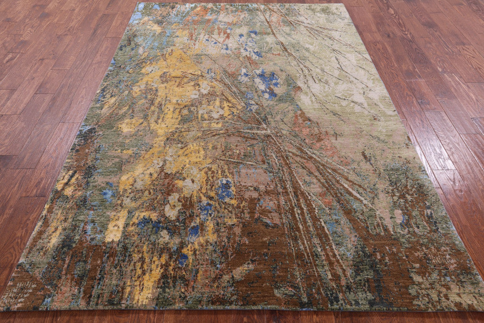 6' 1" X 9' 2" Wool and Silk Modern Handmade Rug Q8890