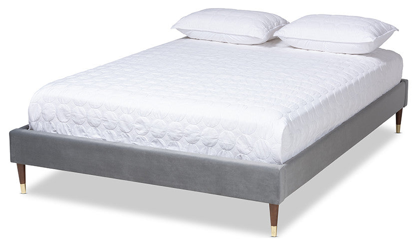 Charcoal Velvet Full Size Platform Bed Frame With Gold-Tone Leg Tips