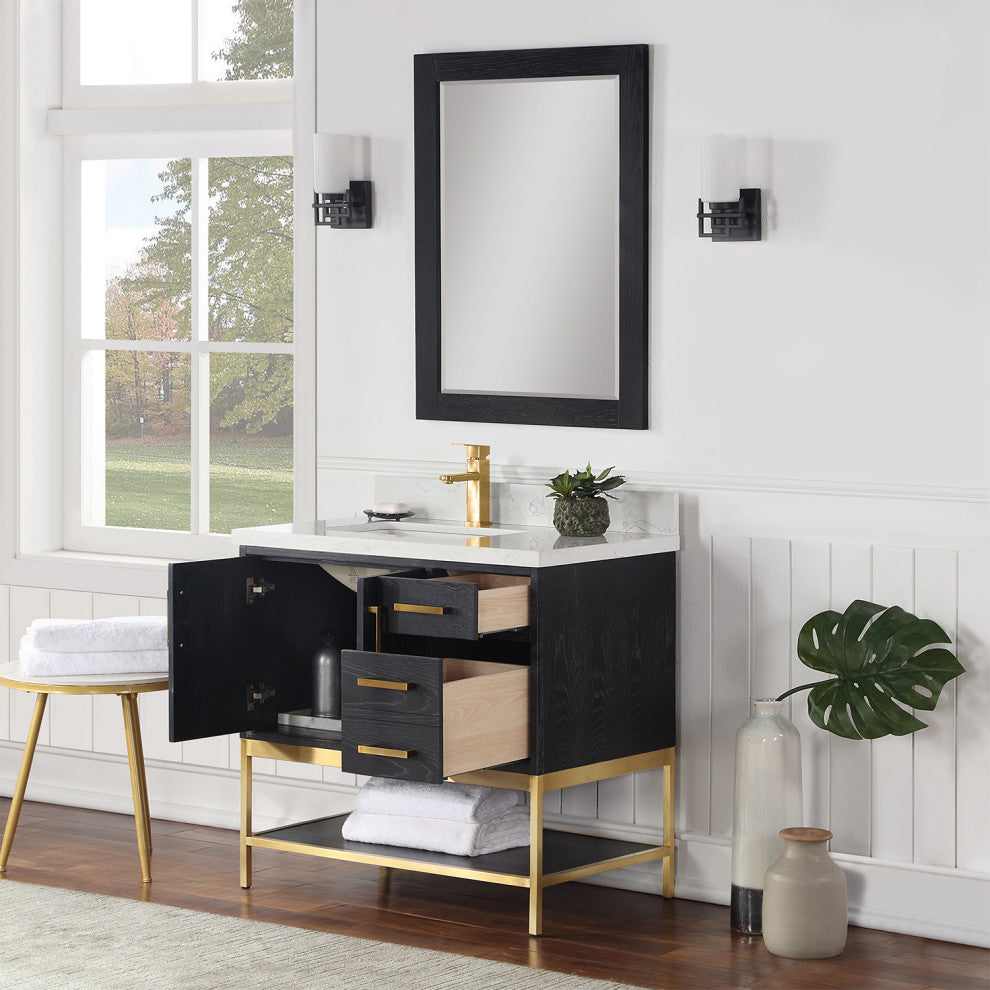Wildy Black Oak Bathroom Vanity Set, 36", With Mirror