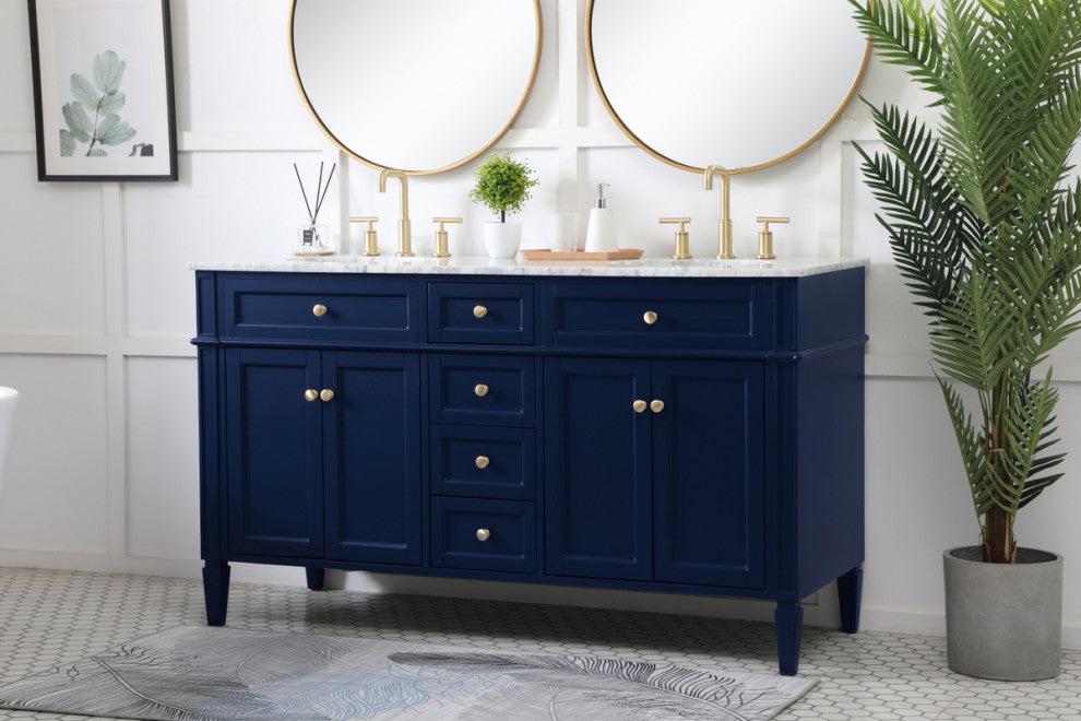 Home Living Vanity with Carrara White Marble Countertop, Blue, 60", Double Sink