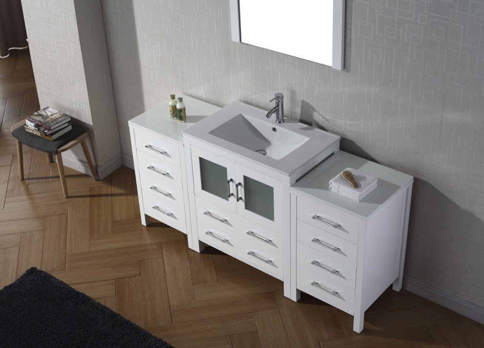 Dior 66" Single Bathroom Vanity, White, White Ceramic, Brushed Nickel Faucet
